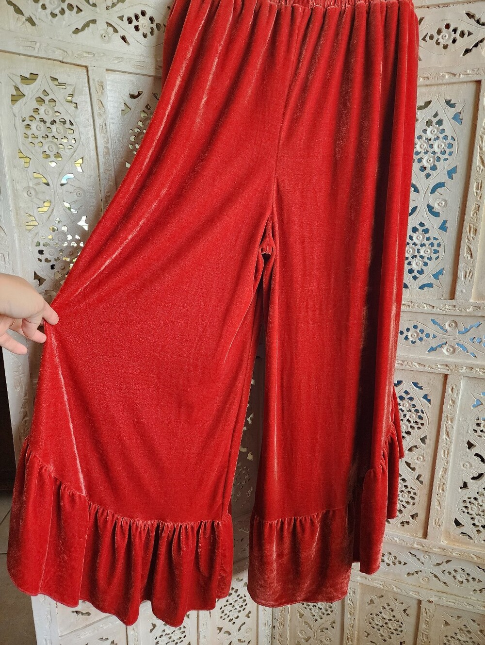 RusttyDustty XL Burnt Orange Velvet Flare & Slit Ruffle Leg Pants - Picture 9 of 11